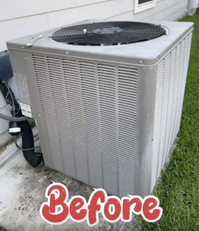 old, light gray ac condenser unit installed outside a home in pasadena
