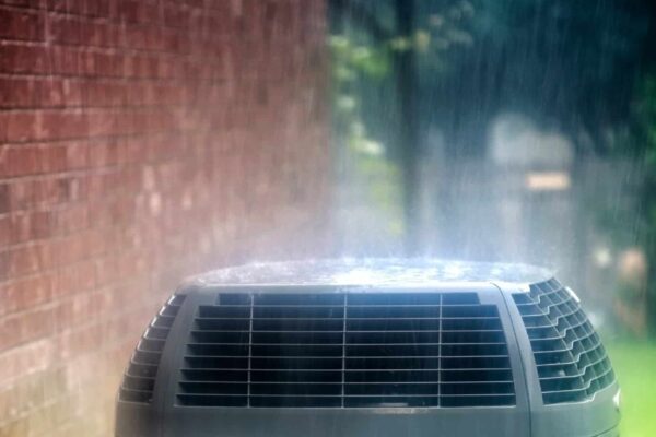 outdoor ac unit during a heavy rainstorm