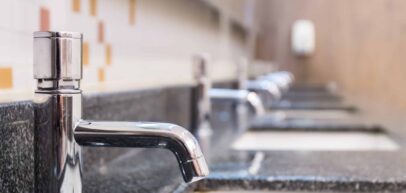 Row of sinks in school bathroom