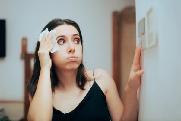 woman sweating and turning on ac despite high electric bill
